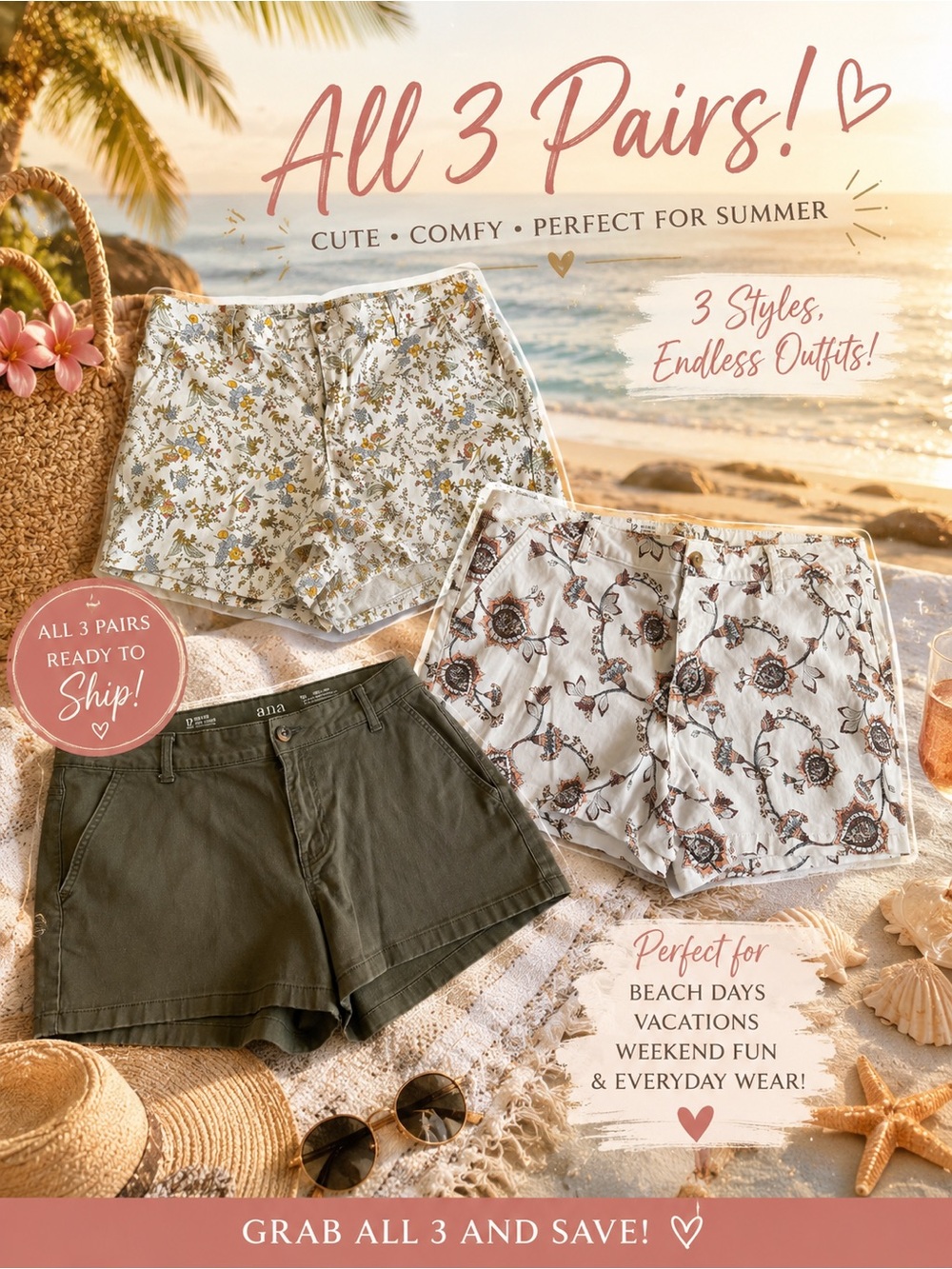 a.n.a 3-Pack Women's Shorts Set - Olive, White Floral & Cream Floral